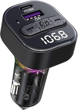 611+OFnqVyL._AC_SY450_ Bluetooth 5.3 FM Transmitter for Car, Bluetooth Car Adapter with Type-C PD(30W) Charger and QC3.0 USB Port, Wireless FM Radio Transmitter, Support MP3 Player, Handsfree Calling, LED Backlit,U Disk