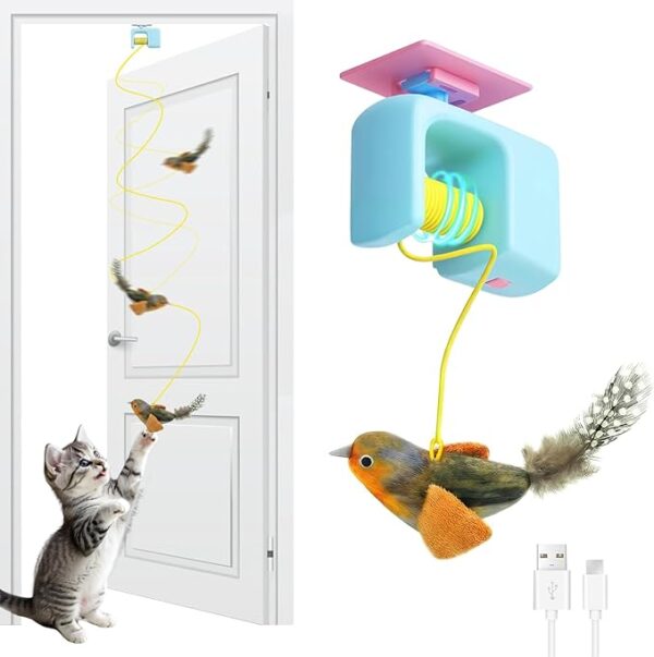 61PNLMVz1nL._AC_SX679_ Interactive Cat Toys for Indoor Cats, Automatic Cat Hanging Toys for Bored Adult Cats, Cat Toys Realistic Bird with Catnip and Feather Chase Exercise Door Frame Cat Self Play Toys Blue