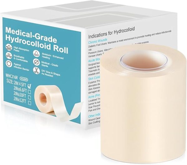 Hydrocolloid Roll for Wound Care - DIY Size & Shape, Extra Large Medical-Grade Hydrocolloid Bandages with Self-Adhesive, Ultra Absorbent, Flexible & Waterproof, First Aid Kit Essential(2in*5ft)