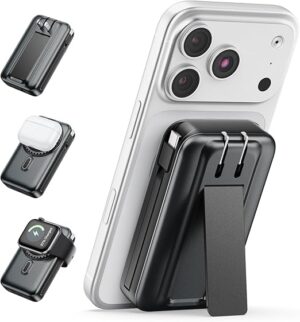 61pKfNpOszL._AC_SX522_ Magnetic Battery Pack Real Capacity 10000mAh, 22.5W Fast Charging Portable Charger with Built-in Cables & AC Wall Plug, Foldable Stand Power Bank for Apple Watch Phone 17/16/15/14/13 (Black)