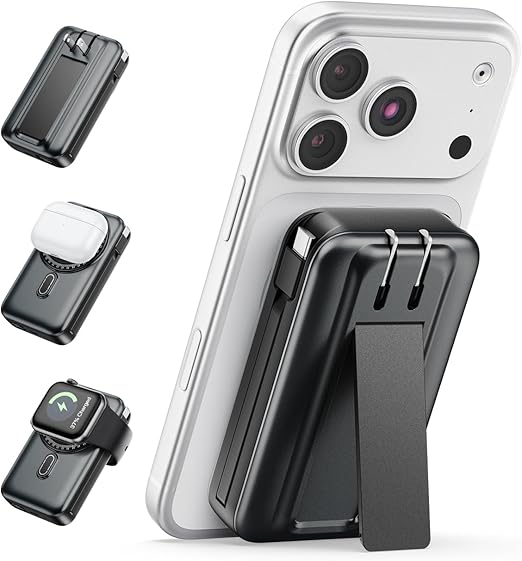 61pKfNpOszL._AC_SX522_ Magnetic Battery Pack Real Capacity 10000mAh, 22.5W Fast Charging Portable Charger with Built-in Cables & AC Wall Plug, Foldable Stand Power Bank for Apple Watch Phone 17/16/15/14/13 (Black)