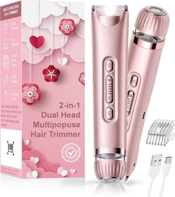 Bikini Trimmer for Women with LED Light, Dual Head Electric Razors for Women, Painless Electric Shaver for Bikini, Face, Legs & Sensitive Skin,Waterproof Hair Removal Tool