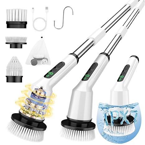 Electric Spin Scrubber for Cleaning Bathroom, Shower Scrubber Cordless Cleaning Brush with IPX7 Waterproof & 2 Speed, 3 Brush Heads, Bathroom Cleaning Supplies for Shower Tub Kitchen Tile Toilet White