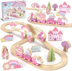 716SIjBLrML._AC_SX679_ Castle Wooden Train Set - Unicorn Train Set for Toddlers 2-4, Wooden Train Track Toddler Girl Toys, Pink Train Fantasy Toys for 3 4 5 6 7 Year Old Girl