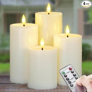 71ES7HUGONL._AC_SX679_PIbundle-4,TopRight,0,0_SH20_ Outdoor 4pcs Flameless Waterproof Candles with Handy Remote Control, Cycle Timer Battery Operated Candle Grease Effect LED Flickering Pillar Plastic Long Lasting (Ivory, 3" x4" 5" 6" 7")