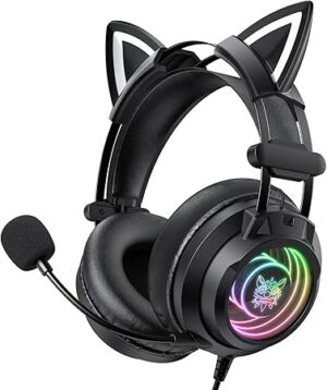 Gaming Headset with Microphone, Detachable Cat Ears, Abyssal Mirror RGB Light, 50 MM Drivers Surround Sound, Lightweight Gaming Headphones for PC/Laptop/PS4/PS5/Switch