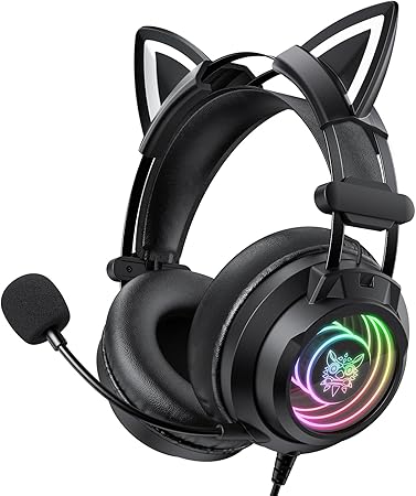 Gaming Headset with Microphone, Detachable Cat Ears, Abyssal Mirror RGB Light, 50 MM Drivers Surround Sound, Lightweight Gaming Headphones for PC/Laptop/PS4/PS5/Switch