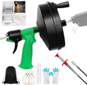 71Va0Dk+RyL._AC_SX569_ 50 Ft Drain Snake, Fast Unclog Snake, Manual & Electric Plumbing Snaker for Shower Sink, Toilet and Kitchen, Drain Auger 50 ft Comes with Gloves and Bag, 1/4 Inch, Green