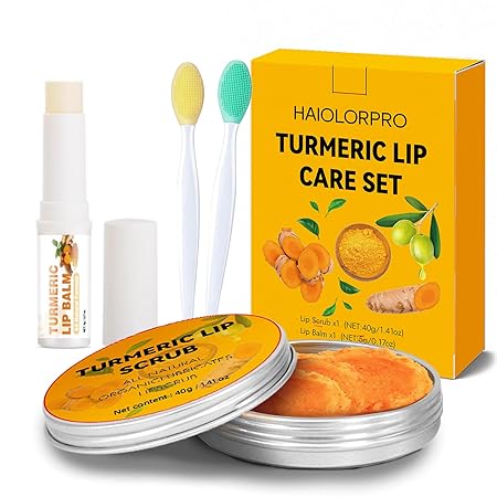 4PCS Turmeric Lip Scrub and Turmeric Lip Balm with Brush Set, Natural Lip Scrubber Exfoliator for Dry, Dull, Chapped, Dark lips, Reduces Fine Lines, Deeply Hydrates and Moisturizes