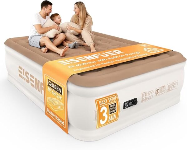 71wzwlqVnOL._AC_SX679_ Air Mattress Queen with Built-in Pump – 18" Raised Inflatable Bed with High Speed Built-in Pump, Stable and Durable, colchón inflable, Carry Bag, Cozy Guest Air Bed for Sleepovers, Glamping, Moving
