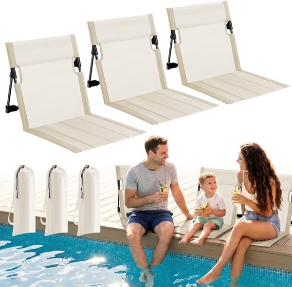 71xT1KaGd4L._AC_SX679_ 3 Pack Portable Poolside Chairs, Foldable Beach Chairs for Adults, Lightweight Legless Ground Seat with Carry Bag, Small Beach Chair for Edge of Pool, Lawn, Travel, Camping (Beige)