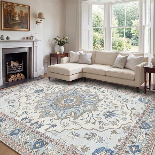 81VF00Sl8fL._AC_SX679_ 6x9 Area Rugs for Living Room, Machine Washable Boho Vintage Rug, Waterproof Surface & Non-Slip Backing, Foldable Soft Low Pile Floral Medallion Carpet for Bedroom Dining Room